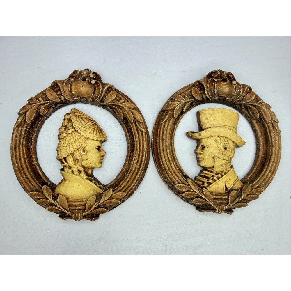 Vintage Art Deco Syroco Victorian Style Silhouette Wall Plaques Pair